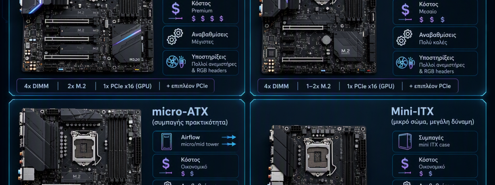ATX, micro-ATX, Mini-ITX, E-ATX: &pi;&omicron;&iota;&alpha; &mu;&eta;&tau;&rho;&iota;&kappa;ή &sigma;&omicron;&upsilon; &tau;&alpha;&iota;&rho;&iota;ά&zeta;&epsilon;&iota; &kappa;&alpha;&iota; &gamma;&iota;&alpha;&tau;ί