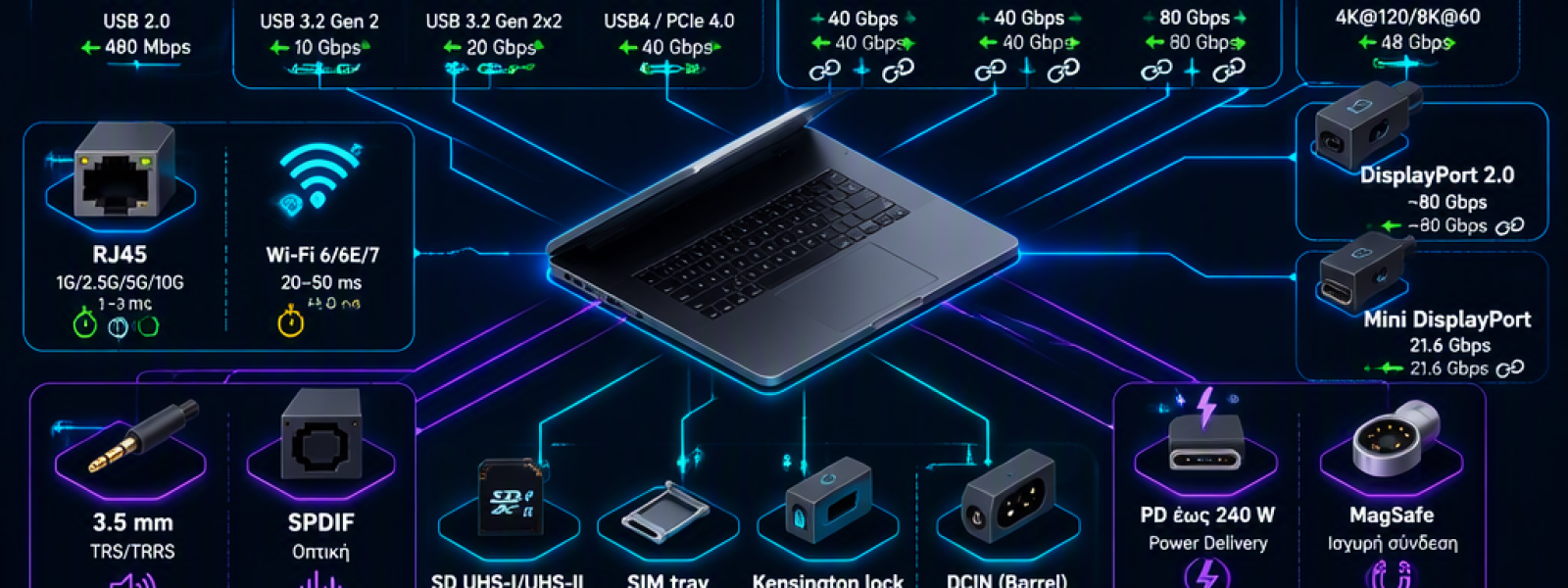 &Kappa;&alpha;&tau;&alpha;&nu;ό&eta;&sigma;&eta; ό&lambda;&omega;&nu; &tau;&omega;&nu; &theta;&upsilon;&rho;ώ&nu; &upsilon;&pi;&omicron;&lambda;&omicron;&gamma;&iota;&sigma;&tau;ή: USB, Thunderbolt, HDMI, ή&chi;&omicron;&sigmaf;, Ethernet &kappa;&alpha;&iota; ά&lambda;&lambda;&alpha;